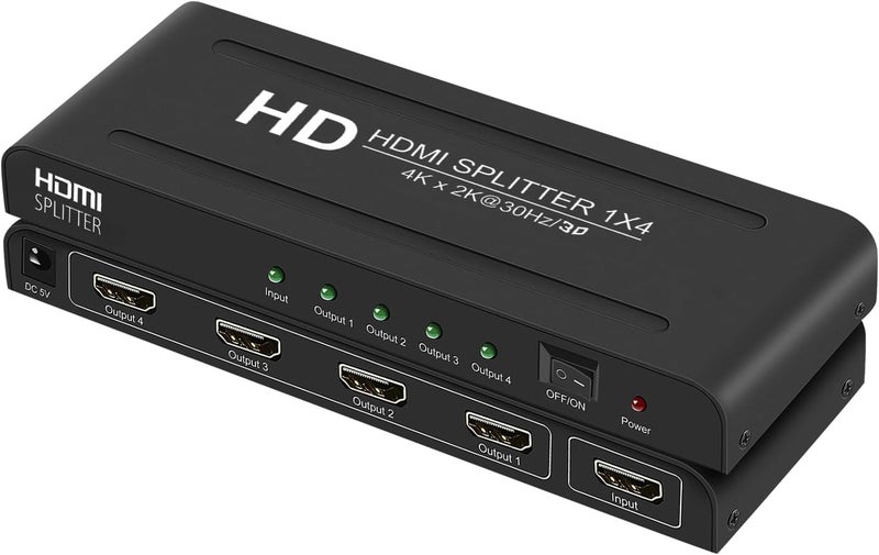 VizeeInnov موزع HDMI 1 في 4 بدقة 4K، 1 مدخل 4 مخارج، موزع HDMI مزود بالطاقة 4 منافذ لشاشات متعددة لمخرجات مرآة/نسخ الشاشة فقط (ليس توسيع) موزع 4 طرق يدعم 4Kx2K @30Hz، 3D للمكتب، PS4، جهاز العرض، HDTV. - Image 1